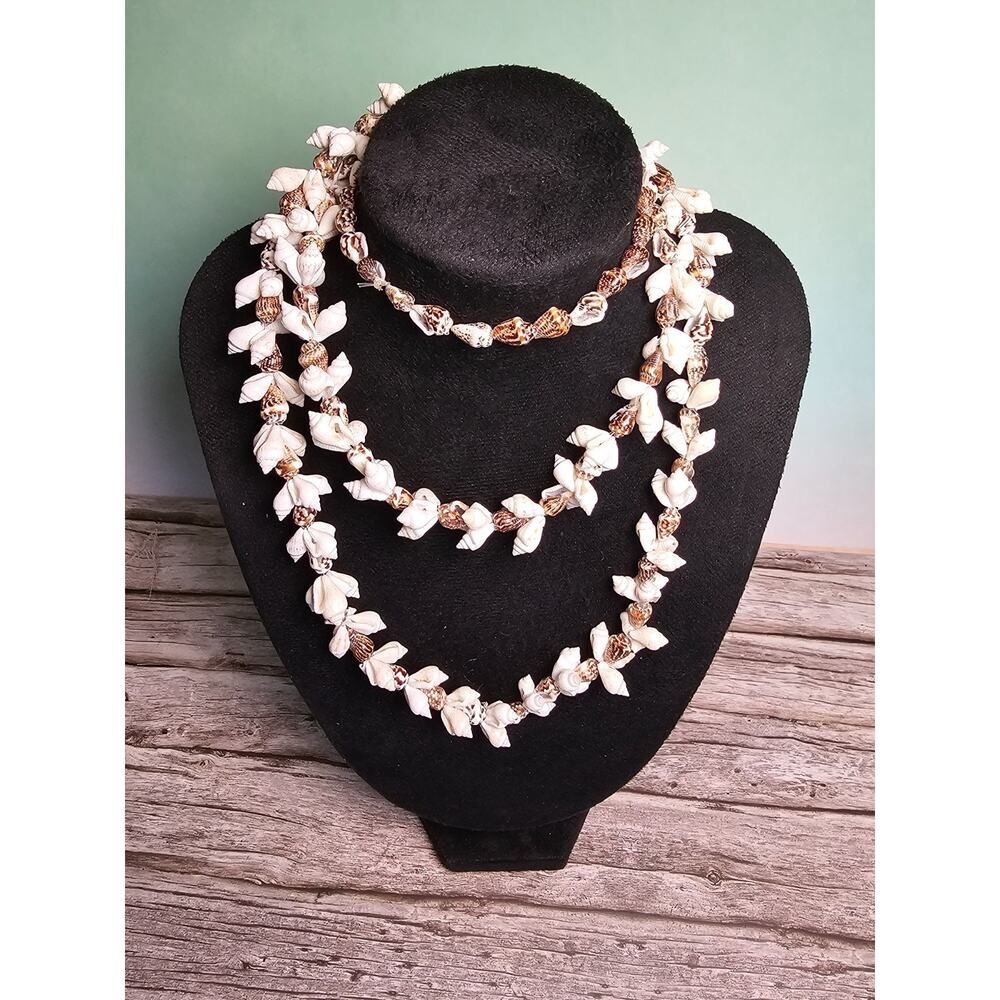 Vintage Natural Seashell Necklace Long Single Strand Cone Shell Beads Beach Boho